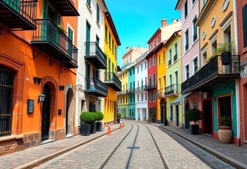 Fototapeta premium Cobblestone street, wrought iron balconies, colorful buildings, old, balcony