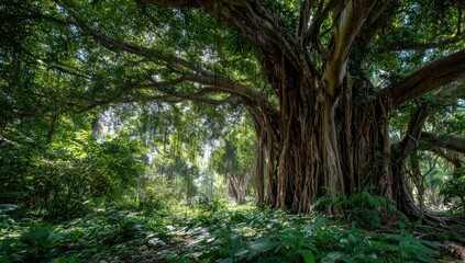 Fototapeta premium Vibrant photo of large banyan tree with thick roots and green leaves, bathed in sunlight. The trunk of the massive tree is covered by dense foliage that stretches across its.