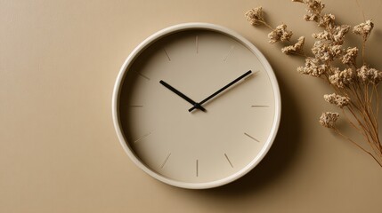 Beige clock and dried flowers on a muted background