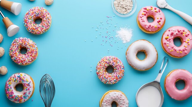 Colorful donuts with sprinkles and baking ingredients are arranged on a blue background, creating a fun and sweet baking scene.