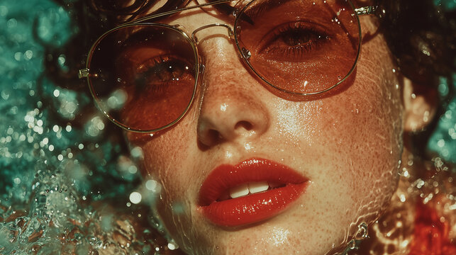 Artistic close-up photo of a woman's striking features, highlighted by vibrant red lips, stylish eyewear, and illuminated by sparkling water droplets, creating a compelling blend of beauty and allure.