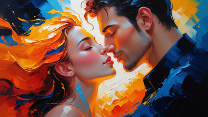 Romantic Oil Painting of a Lovely Couple Sharing a Tender Kiss – Classic Artistic Expression of Love and Passion in Warm Brushstrokes
