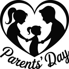 Celebrating Parents Day with a loving family holding hands silhouette against a heart shape in bold