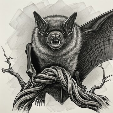 Detailed black and white sketch of an aggressive bat perched on a branch in a gothic style

