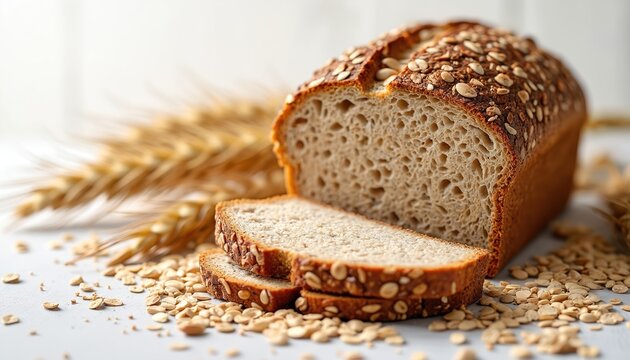 Slice of multigrain bread with mix of seeds, grains. Hearty texture, rich nutty flavor. Whole grain bread isolated on light gray background. Toasted nuts, seeds on table with rustic wooden texture.