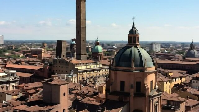 Aerial view of the historic city of Bologna, Italy, with its famous towers and red tiled rooftops under a blue sky.