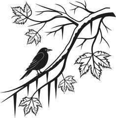 Colorful vector illustration of a cute cartoon bird on a tree branch with spring leaves and flowers, perfect for nature-inspired designs