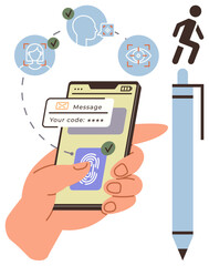 Hand holding smartphone with fingerprint scanning, verified checkmarks, facial recognition, passcode entry, and authentication steps. Ideal for security, access, protection, technology privacy