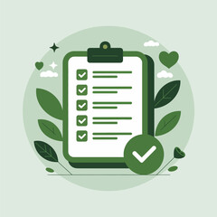 Green and White Checklist Icon on Clipboard with Green Leaves and Check Mark Flat Style Illustration