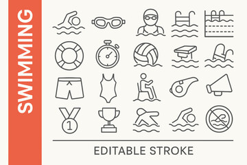 Fototapeta premium Swimming Editable Icons: Modern Sports, Aquatic Activities & Fitness Vectors