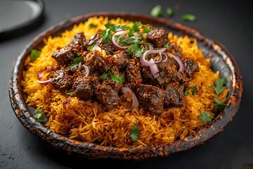 Beef biryani with saffron rice and fried onions