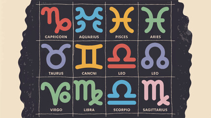 Colorful zodiac symbols with names zodiac signs astrology