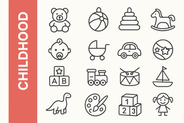 Fototapeta premium Childhood Line Icon Set: Modern Kids, Youth & Family Activity Vectors