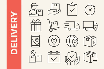 Delivery Line Icon Set: Modern Logistics, Shipping & Transport Service Vectors