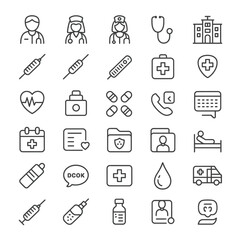 Collection of Thirty Black Line Medical Icons on White Background Including Doctor Nurse Stethoscope Hospital Building Syringe Pills Heartbeat Medicine Bottle Ambulance Medical