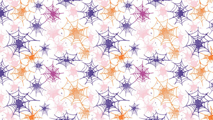 A repeating pattern of colorful spiderwebs on a white background in a seamless design style