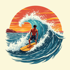 Sunset Surfer A Vibrant Illustration of a Surfer Riding a Majestic Wave