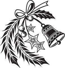 Vintage floral vector illustration with a black tribal pattern of Christmas bells with ribbon and a flying bird silhouette design