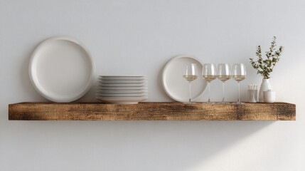 Wooden shelf with white tableware and a small vase of greenery