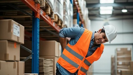 A warehouse worker grimaces in pain, holding a heavy cardboard box, experiencing back discomfort. - Powered by Adobe