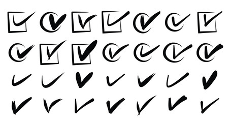 Set hand drawn check marks isolated white background vector tick cross signs