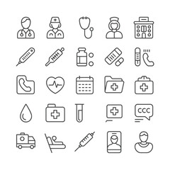 Collection of Thirty Black Outline Medical Icons on White Background Including Doctor Nurse Stethoscope Hospital Building Thermometer Syringe Pills Bandages Heartbeat Calendar
