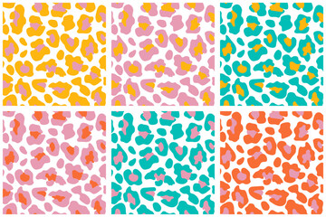 Set of seamless colorful leopard patterns in vibrant pastel and neon tones. Trendy animal prints for fashion, textile, wrapping paper or kids design.
