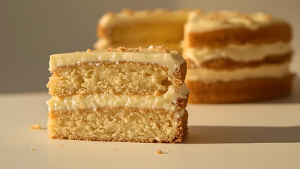 Close Up of Vanilla Cake Slice with Creamy Frosting and Nuts