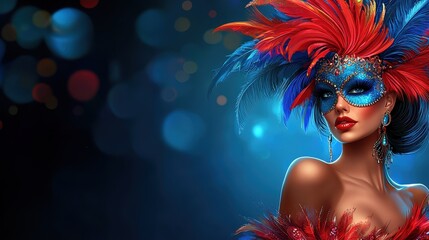 Woman Wearing Vibrant Carnival Mask With Feathers