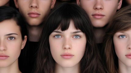 Fototapeta premium Group of diverse young individuals with striking features and expressions, showcasing unity and connection, emphasizing the beauty of youth and diversity in a close-up portrait setting