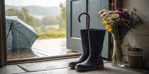 Rainy Day Still Life: Dark Rain Boots by Doorway with Umbrella and Flowers