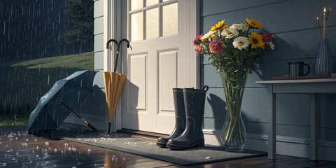 Rainy Day Still Life: Dark Rain Boots by Doorway with Umbrella and Flowers