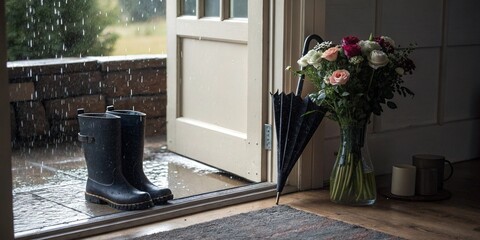 Rainy Day Still Life: Dark Rain Boots by Doorway with Umbrella and Flowers