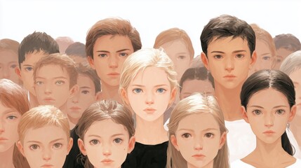 Obraz premium Group of diverse young adults with neutral expressions, standing closely together, showcasing a range of hairstyles and skin tones, representing unity and collective identity
