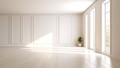 Empty sunlit white room with decorative molding