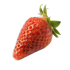 Close-up of a single, ripe strawberry.  Fresh, juicy, and vibrantly red, with visible seeds and a green stem