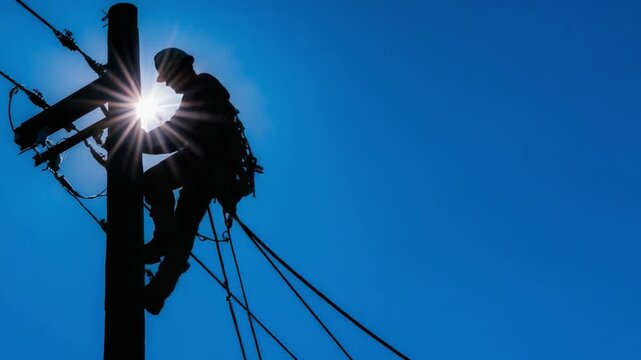 Silhouette of a Worker Climbing a Power Pole Against a Bright Sunlight Background in a Clear Blue Sky