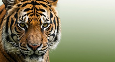 Fototapeta premium Close-up of an endangered tiger species against a soft green to white gradient background.