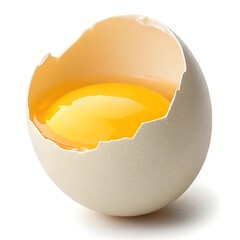 A cracked egg with a bright yellow yolk inside the shell on a white background in a studio shot