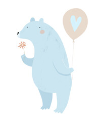 Cartoon Of Blue Bear with Balloon And Tiny Flower On A White Background. Cute Baby Shower Vector Card For Baby Boy. Nursery Art For Boys. Valentine's Day Card With Bear Holding Balloon With Heart. 