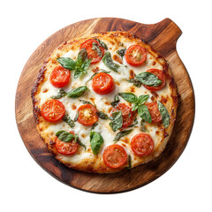 Pizza Tomatoes Mozzarella Basil Wooden Board on transparent background