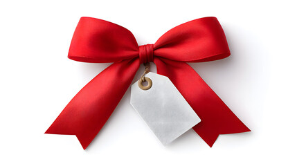 High-quality red ribbon with blank gift tag isolated on white. Great for gift branding, packaging design, and holiday promotions.