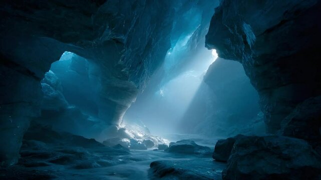 Ethereal Cave with Glimmering Light Rays Piercing Through, Surrounded by Striking Blue Ice and Rock Formations