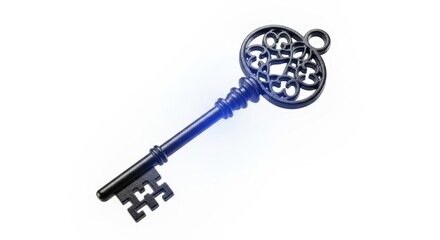 Obraz premium Vintage ornamental magic key with a blue glow isolated on a white background in a minimal style 