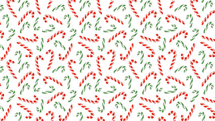Festive christmas pattern with red and green candy canes scattered on a white background design