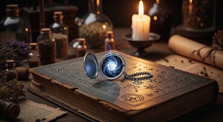 Mystical fantasy still life with a glowing magic locket on an ancient spellbook surrounded by potions and a candle
