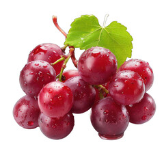 Cluster of red grapes with water droplets and a leaf