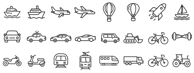 Vector set of outline black and white icons transportation types - car, ship, airplane, rocket, train, bicycle. Infographics, apps, education, and travel design.