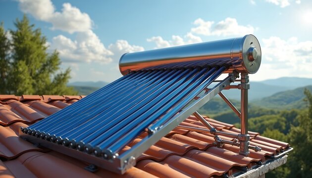 Solar water heater system installed on rooftop of red-roofed building with metal cylinder, silver stand, green trees in background. Blue painted water heater with red roof tile pattern, solar
