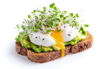 Healthy avocado toast topped with poached egg and greens on crispy bread. Nutritious breakfast, ideal for wellness and clean eating visuals.